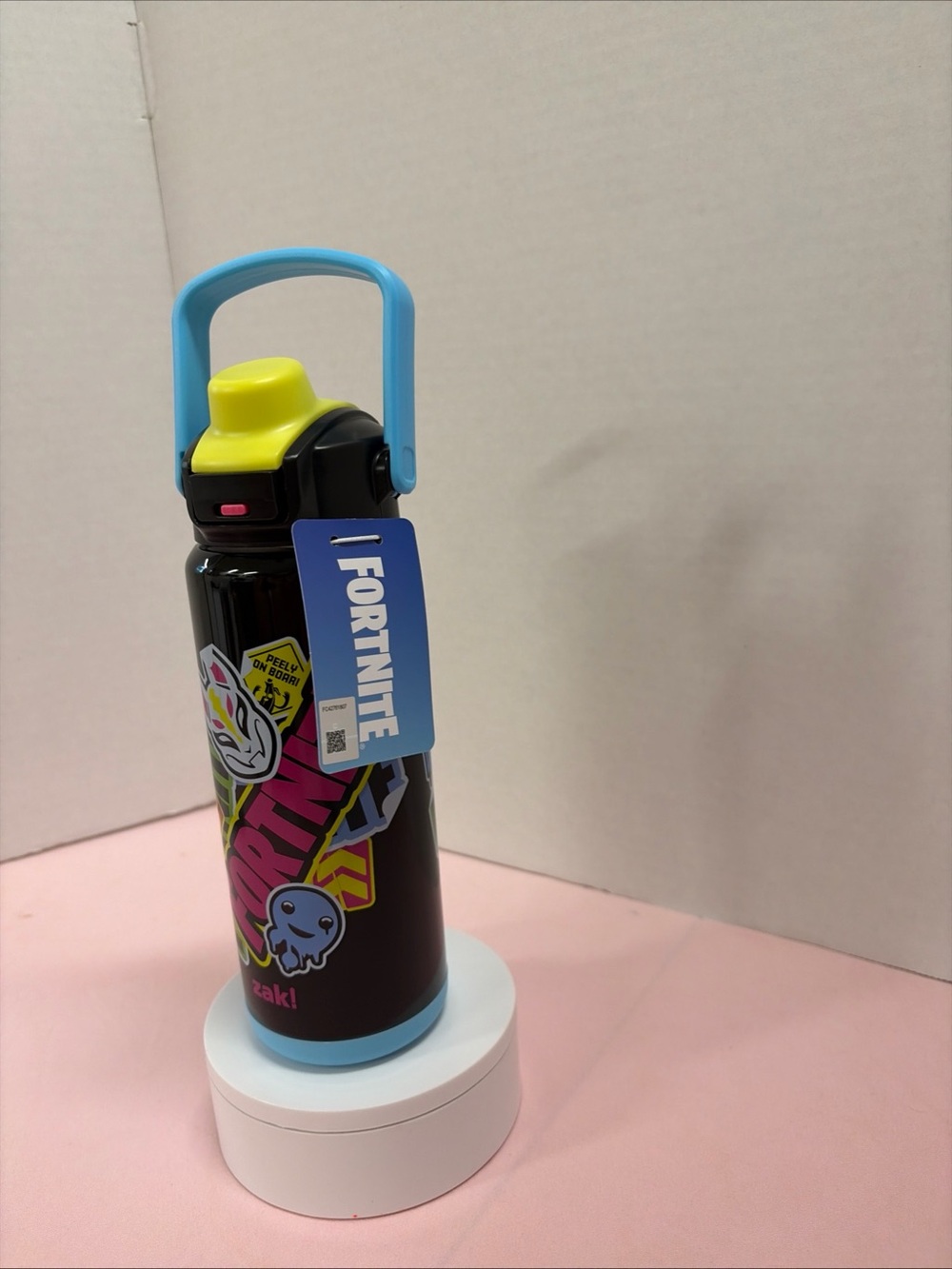 Fortnite Kids Black Water Bottle with Blue Handle and Yellow Lid